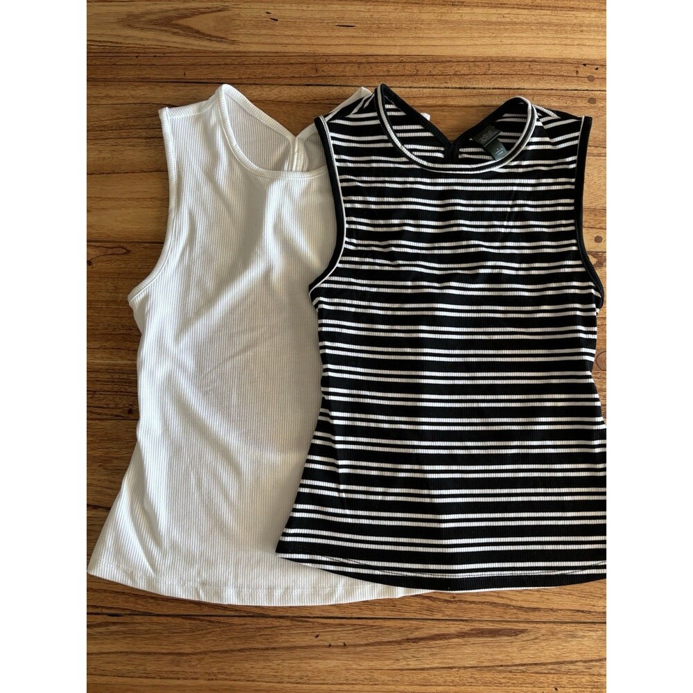 Women's Wild Fable Black & White Striped And Solid White Ribbed Tank Top, Size S